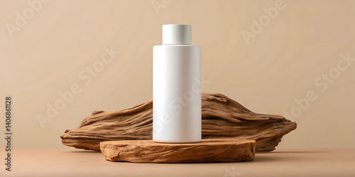 Elegant White Cosmetic Bottle Mockup on Rustic Wood Display