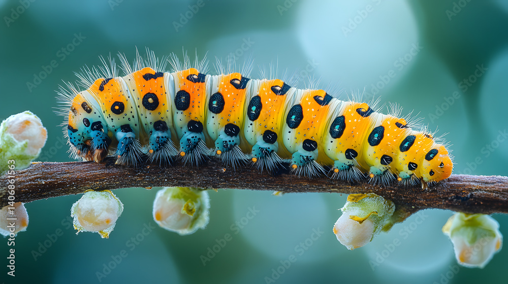 Close-up photography of a caterpillar crawling on a branch, highlighting its vibrant stripes, tiny legs, and soft texture with a blurred forest background.