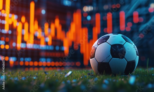 Soccer ball on grass with financial data background showcasing sports analytics