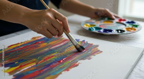 Painting Colorful Stripes on Canvas with Brush and Palette