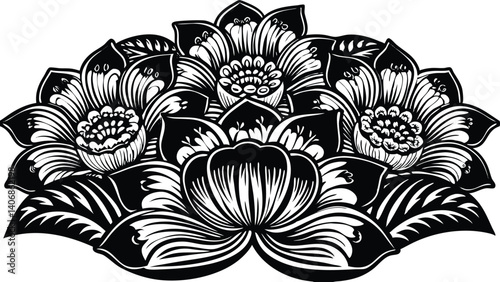Black and white seamless vector pattern features abstract floral elements with ornate vintage leaf and flower design
