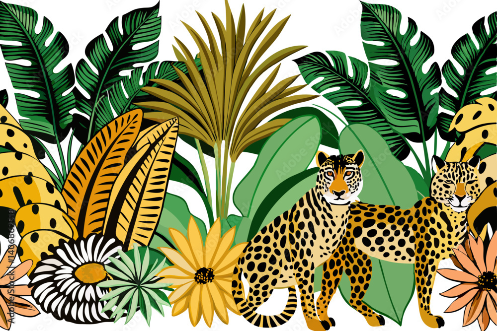 Obraz premium Toile tropical vintage botanical palm trees, banana tree, plants, leopard, zebra animal, toucan seamless border white background. Graphic jungle mural Background
