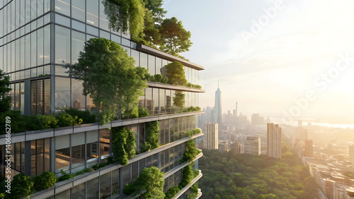 Modern Eco-Friendly Skyscraper with Lush Greenery Overlooking City Skyline at Sunrise