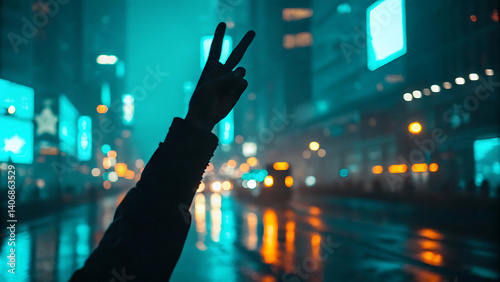 A hand makes a peace sign against a vibrant city nightscape background featuring colorful lights and blurred city buildings.