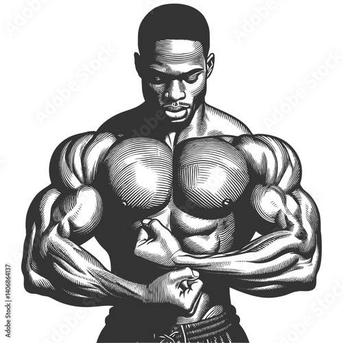 muscular bodybuilder striking a powerful pose, symbolizing strength, fitness, bodybuilding, and athleticism sketch engraving generative ai vector illustration. Scratch board. Black and white image.