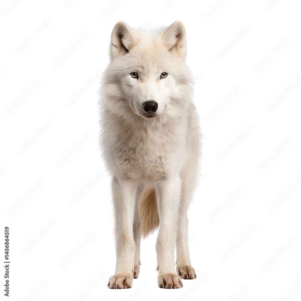 Fototapeta premium Majestic Arctic Wolf Standing Proudly with Soft White Fur on a Pure White Background and Captivating Expression