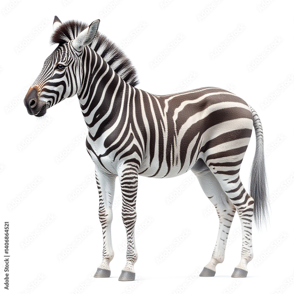 Fototapeta premium Zebra standing side view, turning head backward, striped wildlife pose, clean isolation