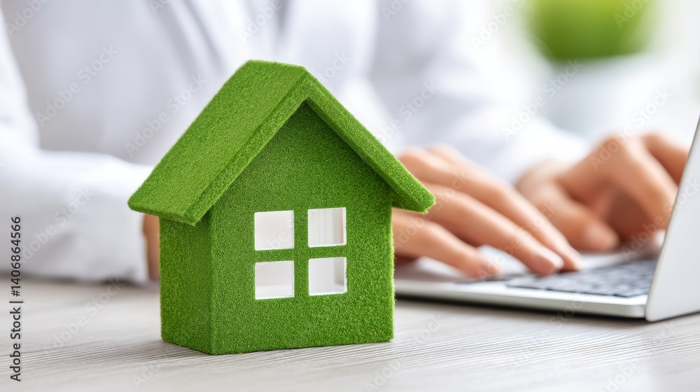 Green House Model on Desk with Laptop and Hands Typing in Background for Business Concept