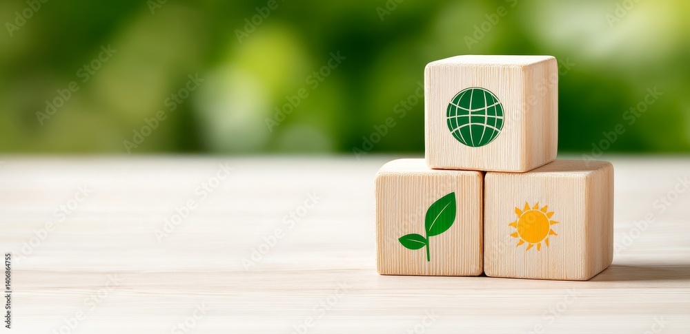 Wooden Blocks with Nature Symbols on Blurred Green Background Focusing on Sustainability