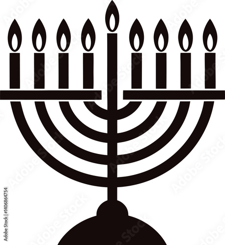 Menorah with Glowing Candles Silhouette on White Background
