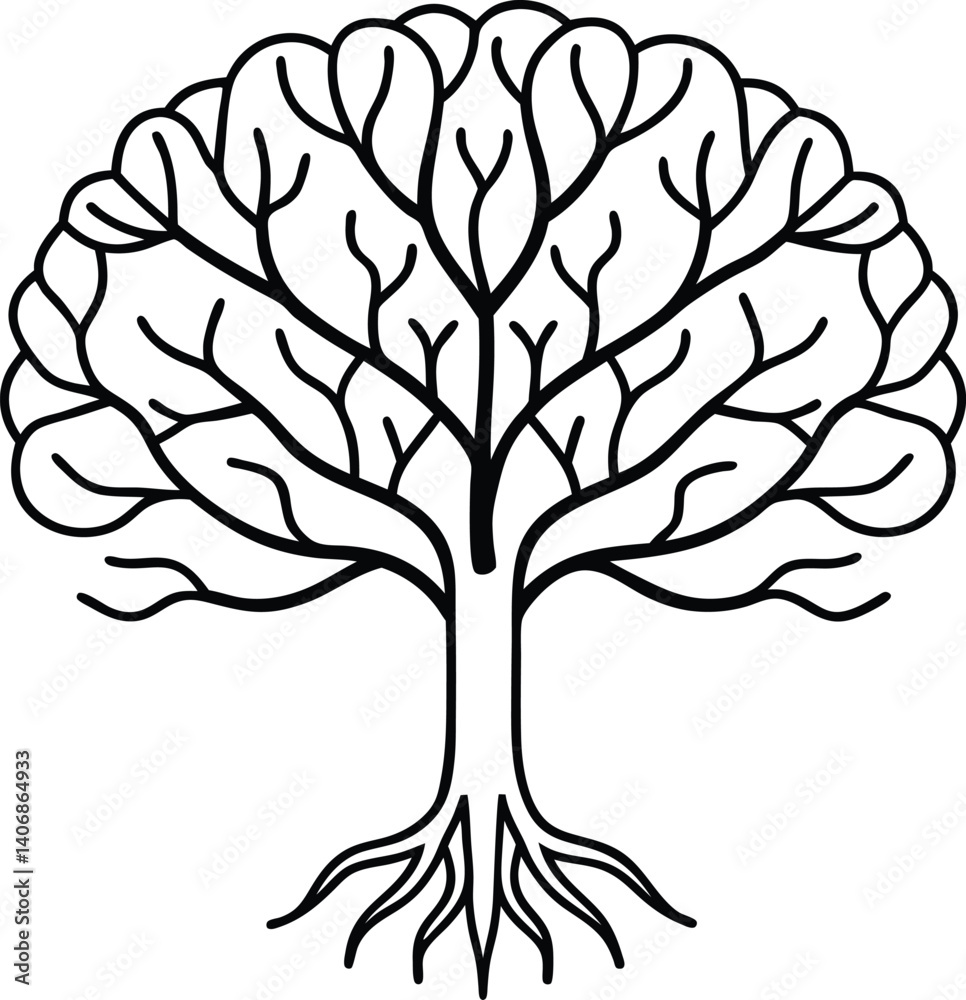 Obraz premium Brain Tree Line Art – Abstract Mind and Nature Concept in Black and White