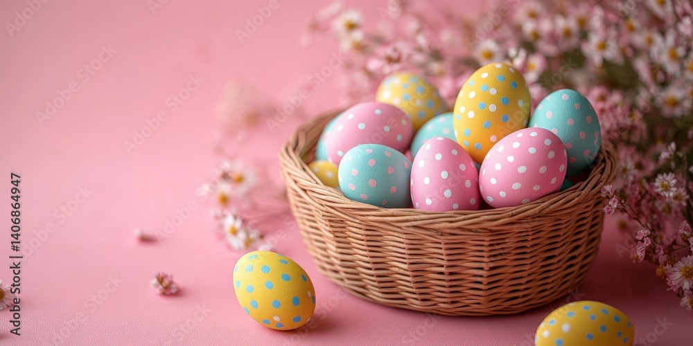 Fototapeta premium Colorful Easter Basket with Pink Background and Decorative Eggs