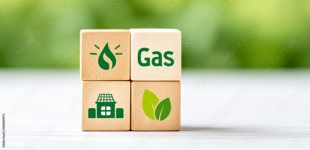 Eco-Friendly Energy Concept with Wooden Blocks Featuring Gas, Leaf, and House Icons