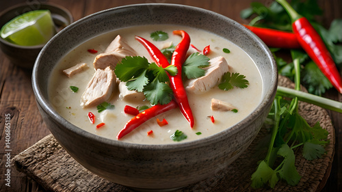 Authentic Tom Kha Soup with chicken chunks in ceramic bowl 