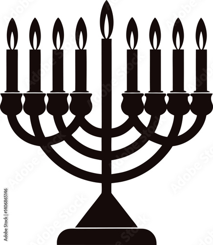 Menorah with Glowing Candles Silhouette on White Background