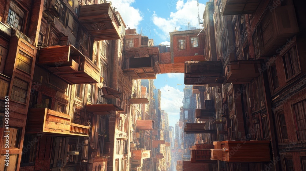 Fototapeta premium A surreal cityscape with floating furniture above buildings