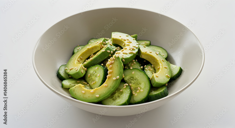 Fresh Cucumber And Avocado Salad Drizzled With Sesame Seeds On White Surface Fresh Cucumber And Avocado Salad Drizzled With Sesame Seeds On White Surface