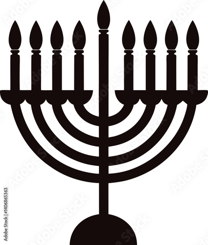 Menorah with Glowing Candles Silhouette on White Background