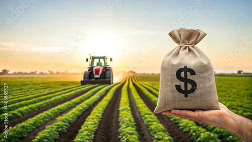Agricultural Investment Profit: Farmer holding money bag in front of tractor and field