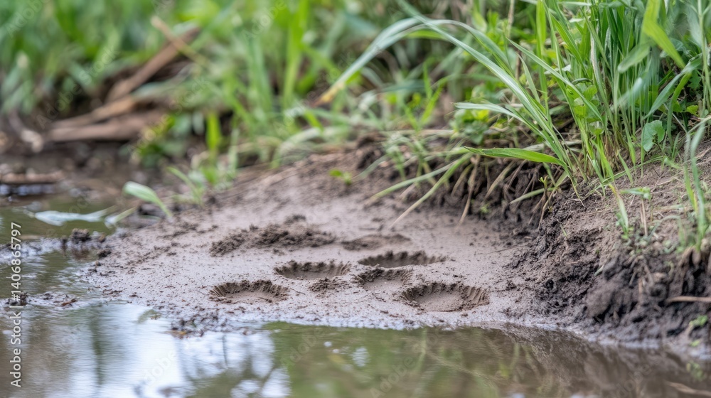 Bird footprint marks on muddy pond shore showing brief interaction with habitat Bird footprint marks on muddy pond shore showing brief interaction with habitat