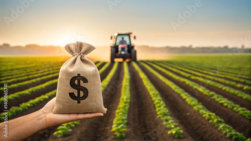 Agriculture Investment Profit Rural Farming Tractor Field Money Bag Crops