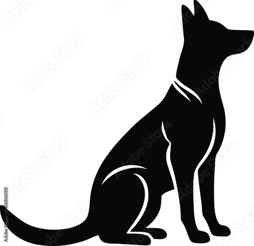 Silhouette of a pug dog, black and white graphic, simplified geometric shapes, bold outlines, minimalist design, vector art style, sleek contours, stylized canine form, high contrast illustration, ico