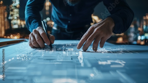 Architects and engineers studying city planning blueprints for a large-scale urban development, professional setting