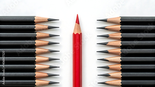 Stand Out From the Crowd Red Pencil Among Black Pencils Creative Concept