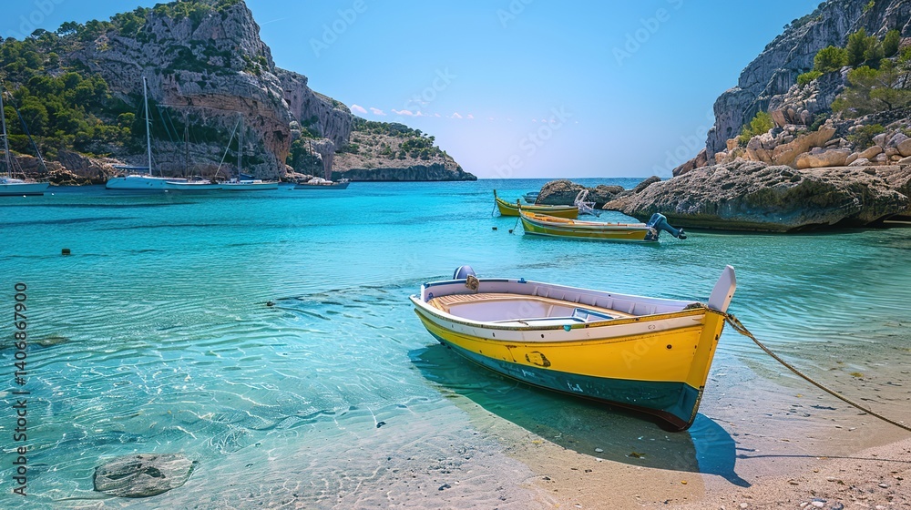 Azure Water and Beach Boats Resting on the Shore, Sunny Coastal Scene Full of Tropical Charm and Seaside Serenity Azure Water and Beach Boats Resting on the Shore, Sunny Coastal Scene Full of Tropical Charm and Seaside Serenity