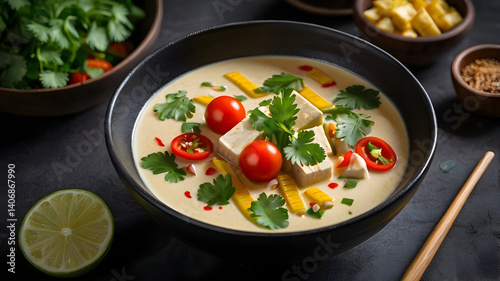 Tom Kha Soup with sliced tofu and red chili in black bowl 