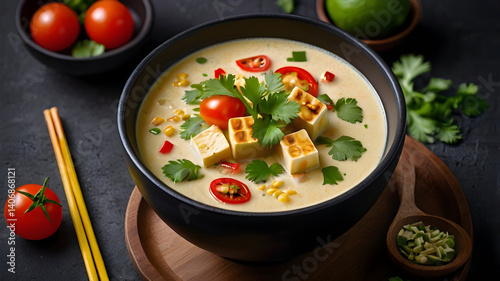 Creamy Tom Kha Soup with tofu and corn garnish 