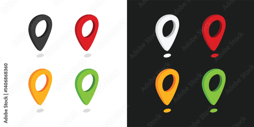 Map pointer isometric pin. Colourfull Vector set of location symbols. Isometric black, green, yellow, and red pin for map isometric isolated on black and white background.