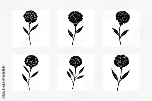 Carnation Flower Set Silhouette Vector Illustration.