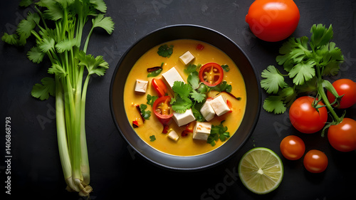 Thai Tom Kha Soup with tofu and fresh herbs on dark background 