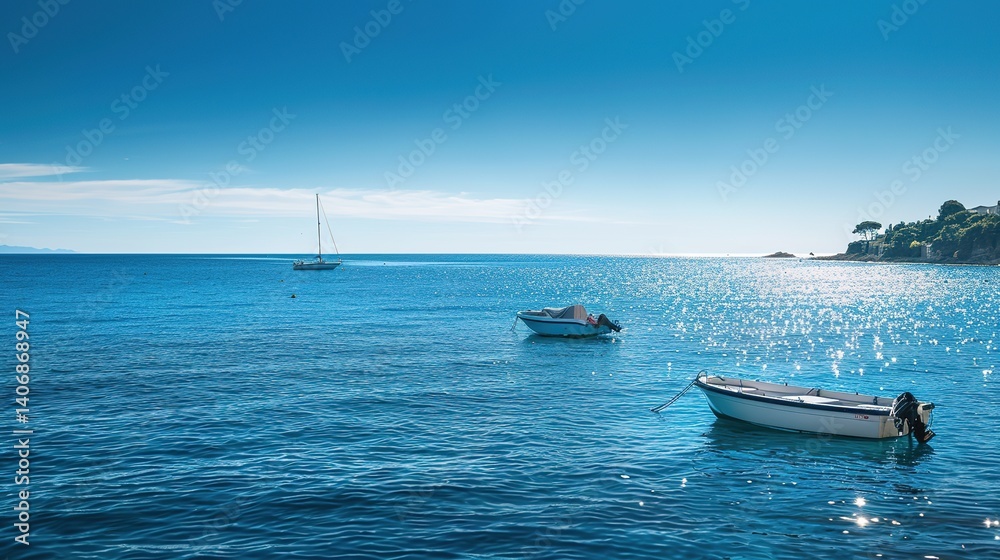 Naklejka premium Azure Water and Beach Boats Resting on the Shore, Sunny Coastal Scene Full of Tropical Charm and Seaside Serenity