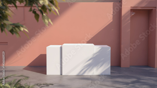 3D Blank podium or display pedestal with peach colored background and thin plant shadows. product photography, product beauty