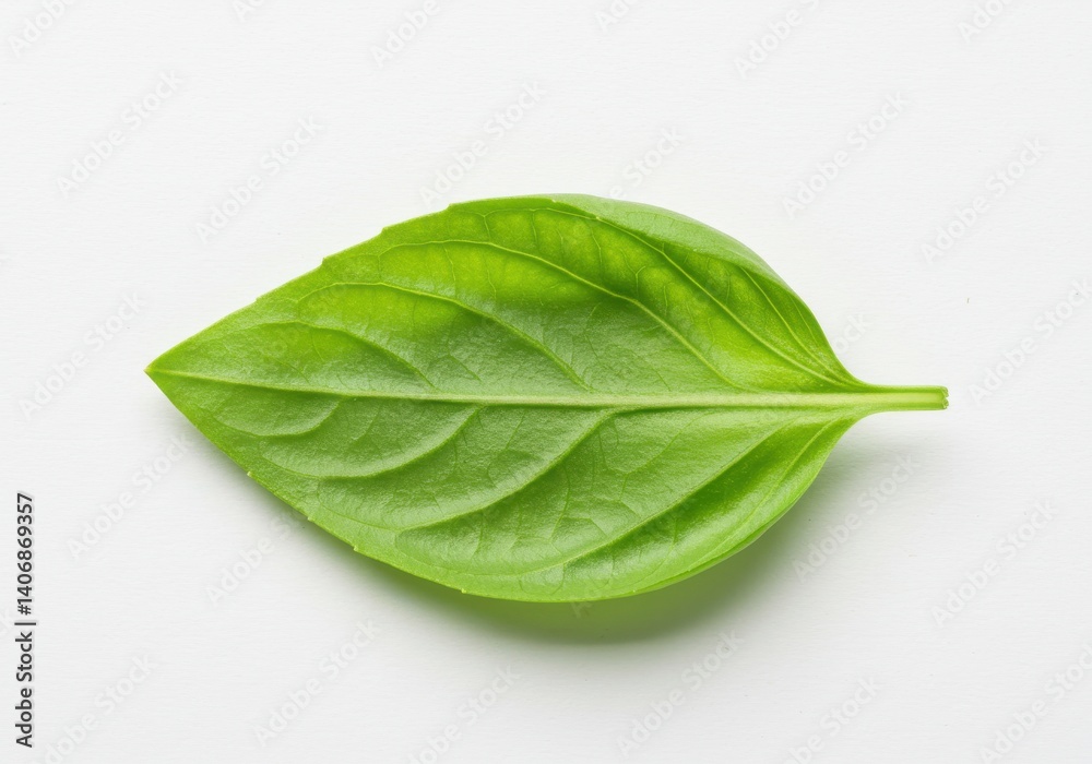 Obraz premium A single basil leaf with visible veins lying on a plain white surface in a studio setting