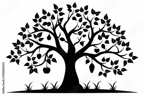 peepal tree silhouette line art vector illustration
