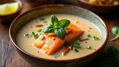 Authentic Tom Kha Soup with salmon and basil leaf garnish 