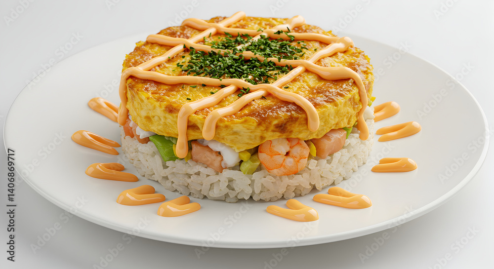 Exquisite Seafood Stack With Tamagoyaki Topping For Fine Dining Concept Exquisite Seafood Stack With Tamagoyaki Topping For Fine Dining Concept