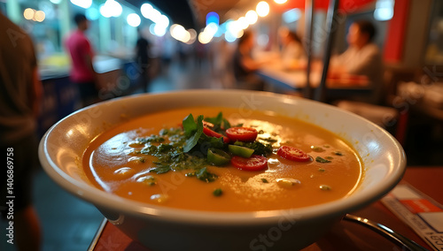 Creamy Tom Kha Soup with herbs under market lights 