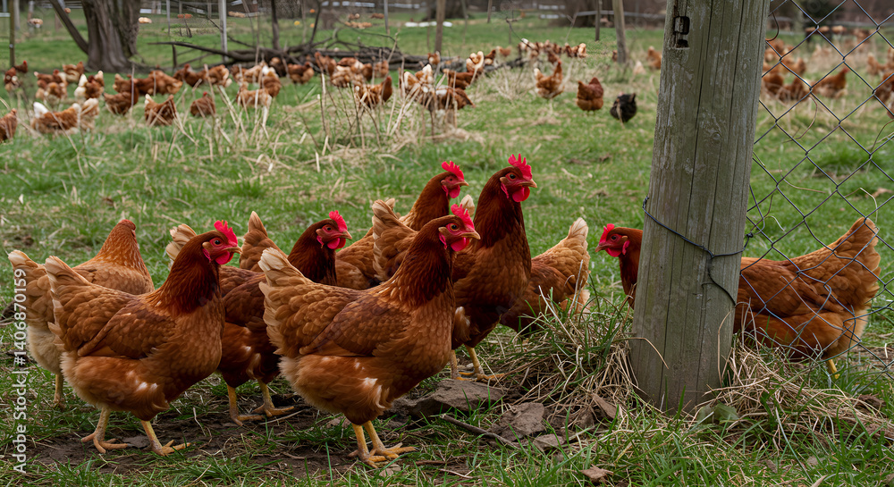 Fototapeta premium Free Range Chickens Roaming in a Farm Field with Green Grass