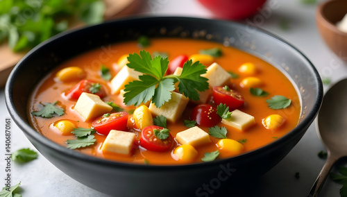 Homemade Tom Kha Soup with tofu cubes and cilantro leaves 