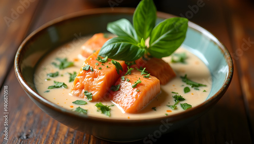 Tom Kha Soup with salmon chunks and fresh basil 