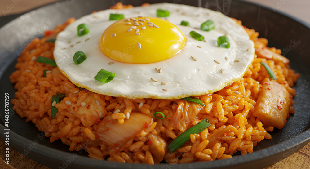 Korean Kimchi Fried Rice Topped With A Fried Egg And Green Onions