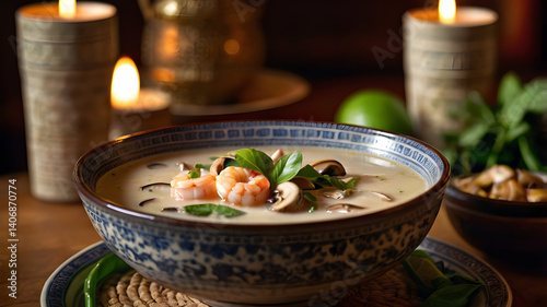 Fragrant Tom Kha Soup with tofu and corn kernels 
