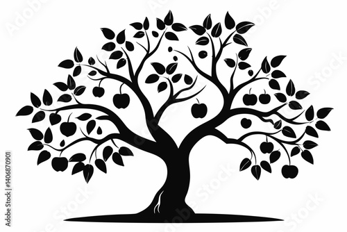 plum tree silhouette line art vector illustration
