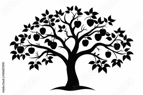 plum tree silhouette line art vector illustration