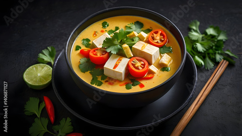 Tom Kha Soup with tofu cubes and fresh cilantro 