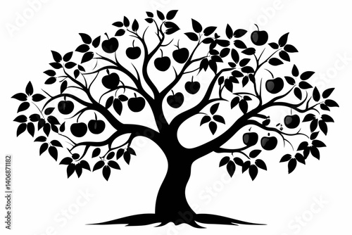 plum tree silhouette line art vector illustration